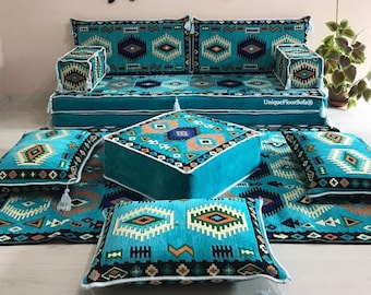 8'' Moroccan Living Room Floor Seating Sofa Set, Arabic Majlis, Sectional Ottoman Pouf