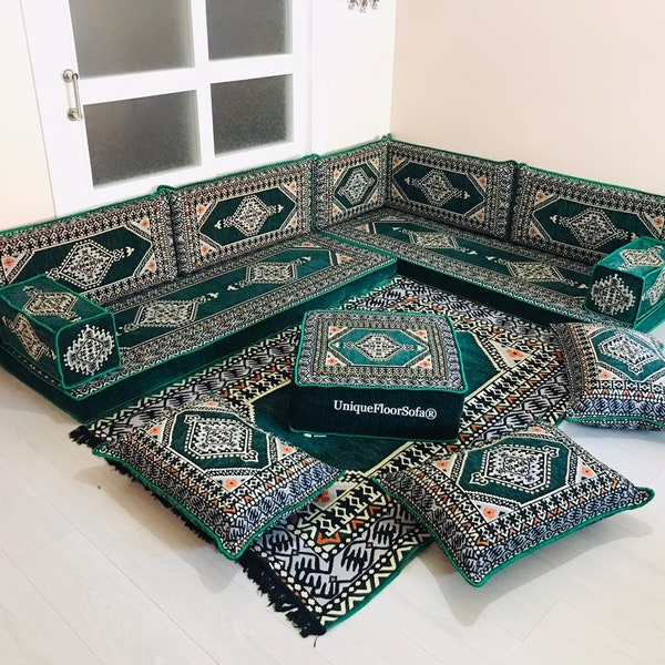 Arabic Sofa Green, Ottomans, Rug, Moroccan Home Decor, Floor Seating, Living Room Sofa, Floor Sofa,Moroccan Sofa,Arabic Majlis,L Shaped Sofa