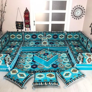 8'' Thickness Light Blue U Shaped Arabic Sofa Living Room Set, Moroccan Home Decor Floor Seating Sofa, Turkish Floor Sofa Set, Arabic Majlis