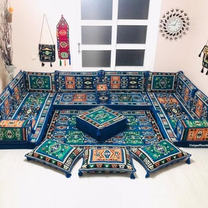 U Shaped Arabic Majlis Sofa Set: Bohemian Floor Seating with Rug