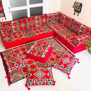8'' Thickness L Shaped Arabic Sofa Set, Floor Couch Bohemian , Floor Cushion, Arabic Majlis, Floor Seating Sofa,Sectional Sofa,RED Kilim Rug