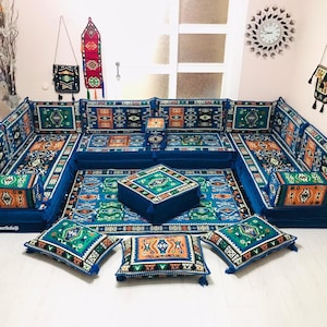 8&#39;&#39; Thickness U Shaped High Arabic Sofa Set, Floor Seating Sofa, Moroccan Home Decor, Sectional Sofa with Ottoman Couch and Rug,Arabic Majli