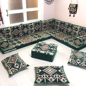 L Shaped Arabic Floor Sofa Set: Ottoman Pouf & Pillows