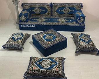 Divano con cuscino da pavimento blu SPESSORE 8'', divano marocchino modulare, divano da soggiorno con posti a sedere a pavimento Majlis arabo, divano a pavimento componibile, divano ottomano