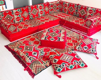 Red Arabic Floor Seating Set: Moroccan Majlis Sofa with Cushions & Rug