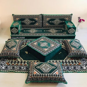 Green Moroccan Floor Seating Sofa Set: Arabic Living Room Cushions & Rug