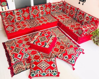 Set di divani arabi a forma di L di spessore 8'', divano da pavimento Boho , cuscino da pavimento, Majlis arabo, divano con posti a sedere sul pavimento, divano componibile, tappeto Kilim rosso