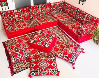 Red Kilim L-Shaped Arabic Floor Sofa Set: Bohemian Majlis Couch