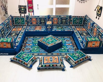 8'' Thickness U Shaped High Arabic Sofa Set, Floor Seating Sofa, Moroccan Home Decor, Sectional Sofa with Ottoman Couch and Rug,Arabic Majli
