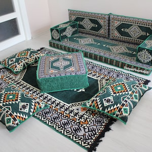Green Arabic Majlis Floor Seating Set,Floor Cushions,Sectional Sofa,Floor Pillows,Arabic Seating,Futon Sofa,Kilim Pillow Sofa,Arabic Jalsa