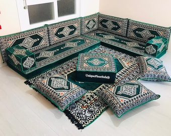 Divano arabo verde, ottomani, tappeto, arredamento marocchino per la casa, posti a sedere sul pavimento, divano del soggiorno, divano da pavimento, divano marocchino, Majlis arabo, divano a forma di L