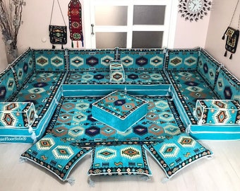 Turquoise modulaire vloerbankset: u-vormige Marokkaanse Majlis, poef vloerbank