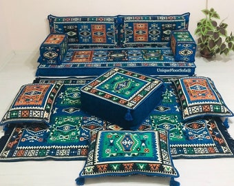 Ensemble de canapé arabe anatolien bleu royal, canapé de sol marocain, coussin de sol, oreillers de siège au sol, Majlis arabe, tapis de salon, canapé ottoman