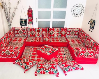 Red Arabic Floor Seating Set: 8'' Thick U-Shaped Sofa, Cushions & Rug