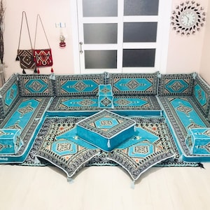 U Shaped Arabic Seating Sofa Set, Ottoman Couch Rug, Floor Couch, Arabic Majlis, Sectional Corner Sofa,Light Blue Floor Seating Sofa Set