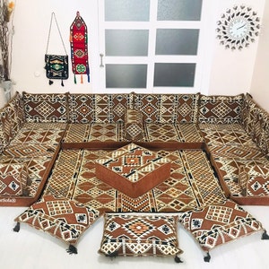 Brown U Shaped Arabic Sofa Set, Moroccan Floor Couch, Floor Seating Sofa, Sectional Sofa, Sofa Set with Floor Pillows
