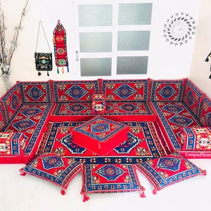 U Shaped Arabic Majlis Sofa Set: Floor Seating with Ottoman Pouf
