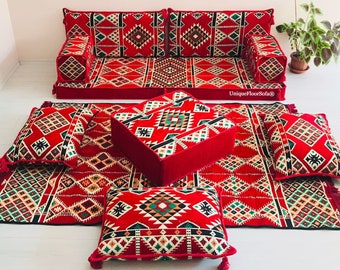 Ensemble de sièges de sol pour canapé oriental rouge, coussin de sol, canapé de sol marocain, tapis kilim rouge, meubles bohèmes, coussin de banc personnalisé