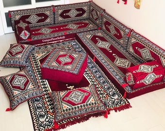 Maroon Arabic Majlis Sofa Set: L-Shape Floor Seating with Rug