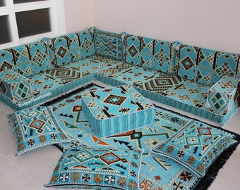 Turquoise Kilim Pillow Design L Shaped Arabic Seating Sofa,Sectional Sofa,Floor Cushion,Floor Pillow,Floor Seat,Living Room Coner Sofa Set