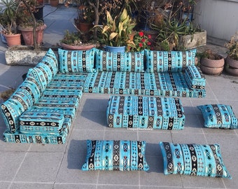 Türkis L-förmiges arabisches Sofa, marokkanische Bodencouch, Schnittsofa, arabische Bodensitzgruppe, türkisches Bodensofa, arabische Majlis, osmanischer Tisch