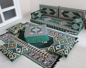 Green Arabic Majlis Floor Seating Set,Floor Cushions,Sectional Sofa,Floor Pillows,Arabic Seating,Futon Sofa,Kilim Pillow Sofa,Arabic Jalsa