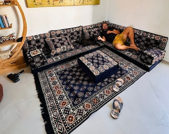 Ensemble de sièges et coussins de sol pour canapé arabe bleu marine en forme de L, décoration d'intérieur de salon, canapé coussin de sol, canapé ottoman, majlis arabe, canapé d'angle