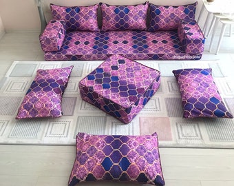 Marokkanisches Wohnzimmer Lila Bodenbestuhlung Arabisches Sofa Set, Wohnzimmer Sofa, Bodenkissen, Ottoman Pouf, Schnittsofa, Arabisch Majlis