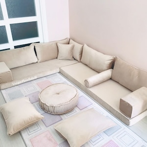 Custom L Shaped Beige Color Luxury Soft Velvet Floor Seating Cushion Couch,Velvet Floor Sofa,Modular Moroccan Sofa,Velvet Floor Cushion Sofa