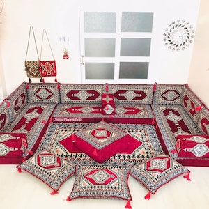 Maroon Color U Shaped Arabic Sofa Set, Living Room Sofa Set, Terrace Furniture, Patio Furniture, Floor Couch, Sectional Sofa, Arabic Majlis