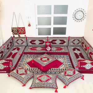 U Shaped Arabic Sofa Set, Maroon Floor Seating Sofa, Floor Pillows, Ottomans and Rug, Living Room Sofa, Corner Floor Cushion, Arabic Majlis