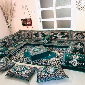 Green Color U Shaped Arabic Sofa Set, Living Room Sofa Set, Green Floor Couch, Floor Pillows, Ottoman & Rug,Modular Floor Sofa,Arabic Majlis