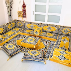 U Shaped Arabic Sofa Set, Moroccan Home Decor, Living Room Sofa, Ottomans, Rug, Floor Sofa, Floor Seating, Floor Pillows, Floor Cushion Set
