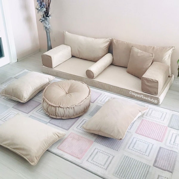Beige Sofa, Velvet Floor Cushion Couch,Boho Design Sofa,Moroccan Floor Seating Cushion,Living Room Sofa Cushion Seat,Arabic Majlis Sofa