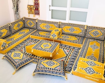 U Shaped Arabic Sofa Set, Moroccan Home Decor, Living Room Sofa, Ottomans, Rug, Floor Sofa, Floor Seating, Floor Pillows, Floor Cushion Set