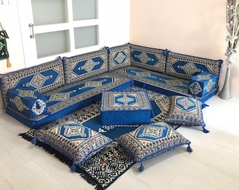 L Shaped Sectional Sofa with Ottoman,Arabic Malis,Arabic Sofa Floor Seating Set,Corner Floor Couch,Living Room Sofa,Floor Sofa with Pillows