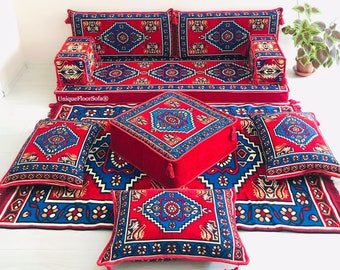 Maroon Arabic Floor Sofa Set: Sectional Couch, Ottoman, Rug