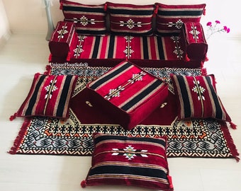 Ensemble de sièges de sol pour canapé Majlis arabe, canapé modulaire marocain avec coussin de sol, canapé de sol design Boho marron foncé avec oreiller de sol, Jalsa