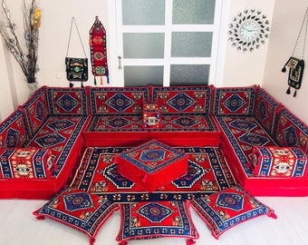 Set di divani da pavimento arabi spessi 8 pollici: Majlis a forma di U con pouf e tappeto, Jalsa