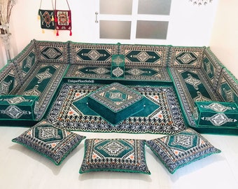 Ensemble de canapés arabes en forme de U vert émeraude, canapé de sol de salon marocain, majlis arabe, ensemble de canapés de sol turcs, tapis de canapé ottoman, oreillers