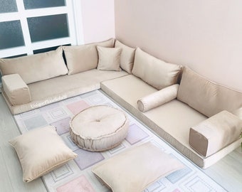 Custom L Shaped Beige Color Luxury Soft Velvet Floor Seating Cushion Couch,Velvet Floor Sofa,Modular Moroccan Sofa,Velvet Floor Cushion Sofa