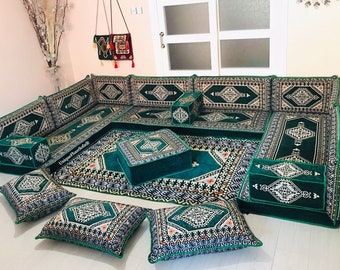 Green Color U Shaped Arabic Sofa Set, Living Room Sofa Set, Green Floor Couch, Floor Pillows, Ottoman & Rug,Modular Floor Sofa,Arabic Majlis