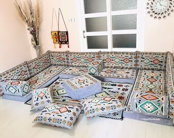Gray U-Shaped Arabic Floor Sofa Set: Moroccan Majlis Seating