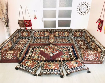 U-förmiges arabisches Sofa-Set Wohnzimmer, Bodensitzgruppe, marokkanische Bodencouch mit Bodenkissen, großes Bodenkissen, arabisches Majlis Sofa