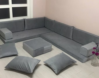 Gray Velvet L Shaped Floor Couch, Modern Living Room Sofas, Floor Cushions, Arabic Sofa Set, Customizable Velvet Sofa Cover, Sectional Sofa