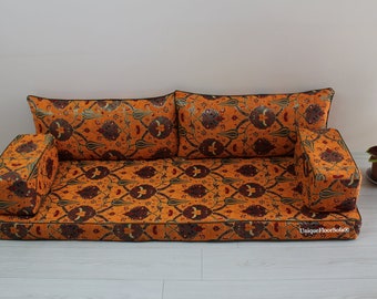 Arabic Floor Seating Sofa Set,Floor Cushions,Sectional Sofa,Floor Cushion Couch,Arabic Majlis,Floral Pattern Orange Floor Seating Cushions