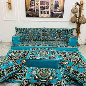 Authentic Turquoise Turkish Floor Sofa Set: Arabic Majlis Seating, Ottoman Pouf & Rug