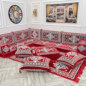 L Shaped Modular Floor Cushion, Authentic Ottoman Red Living Room Floor Sofa, L Shaped Arabic Sofa Set, Floor Cushion Couch, Arabic Majlis