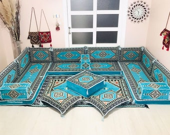 U Shaped Arabic Seating Sofa Set, Ottoman Couch Rug, Floor Couch, Arabic Majlis, Sectional Corner Sofa,Light Blue Floor Seating Sofa Set