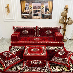 Red Ottoman Floor Sofa Set: Arabic Living Room Seating, Rug & Pillows, Loveseat Sofas